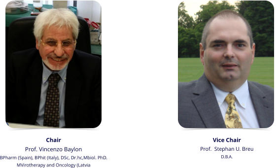 Chair Prof. Vincenzo Baylon   BPharm (Spain), BPhit (Italy), DSc, Dr.hc,Mbiol. PhD. MVirotherapy and Oncology (Latvia    Vice Chair Prof.  Stephan U. Breu D.B.A.