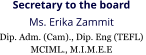 Secretary to the board Ms. Erika Zammit Dip. Adm. (Cam)., Dip. Eng (TEFL)  MCIML., M.I.M.E.E